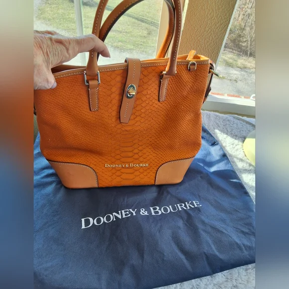 Dooney & Bourke Ostrich Orange and Brown Tote with Structured Design - Picture 13 of 14